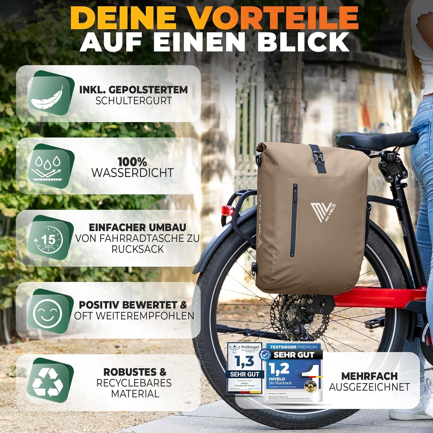MIVELO 3-in-1 wasserdichte Fahrradtasche mit Laptopfach und Schloss - PVC-frei - Sand Beige - 20 L