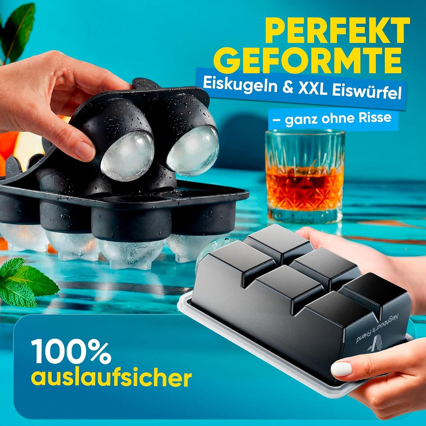 Neighbour's Friend - Patentierte XXL Eiswürfelform Platinum - runde große Eiswürfelform für Cocktails, Gin & Drinks - 6 Eiskugeln + 6 klassische Eiswürfel