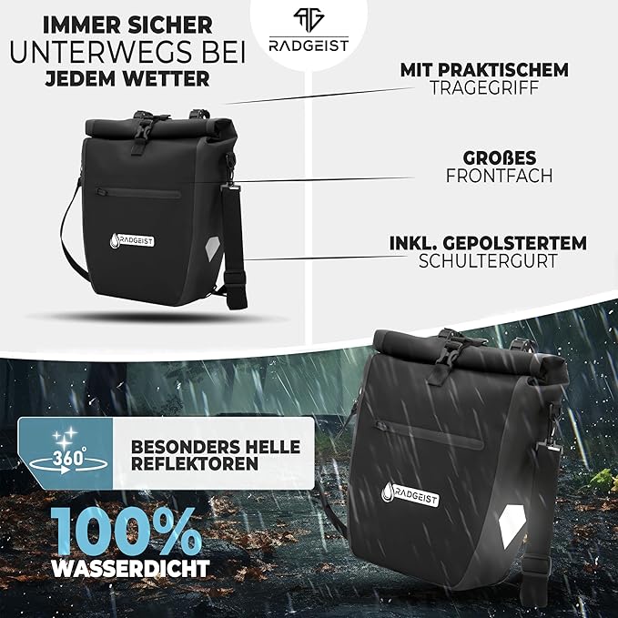 RADGEIST Fahrradtasche - für Fahrradträger - Wasserdicht - mit Reflektoren - Schwarz