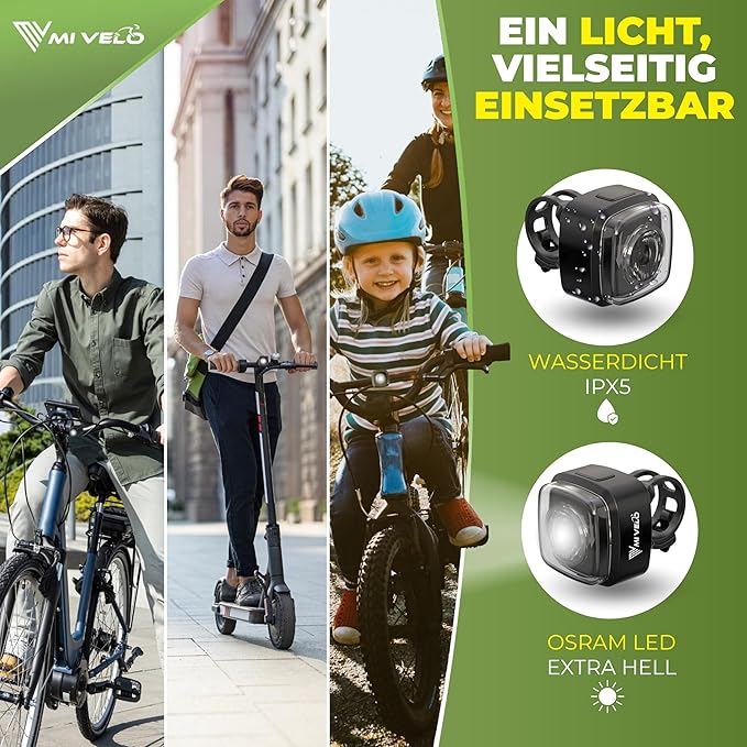 MIVELO Fahrradlicht - USB Wiederaufladbar - 100% Wasserdicht - IPX5 - Schwarz