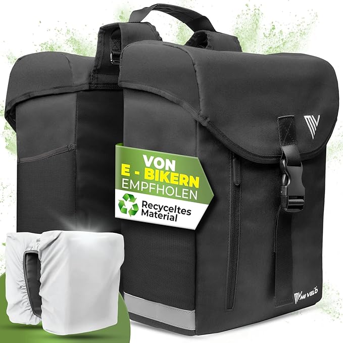 MIVELO - Doppelte Fahrradtasche - 36L Kapazität - Schwarz & RPET - Regenschutz - MIK & Racktime kompatibel - Aus recyceltem Material