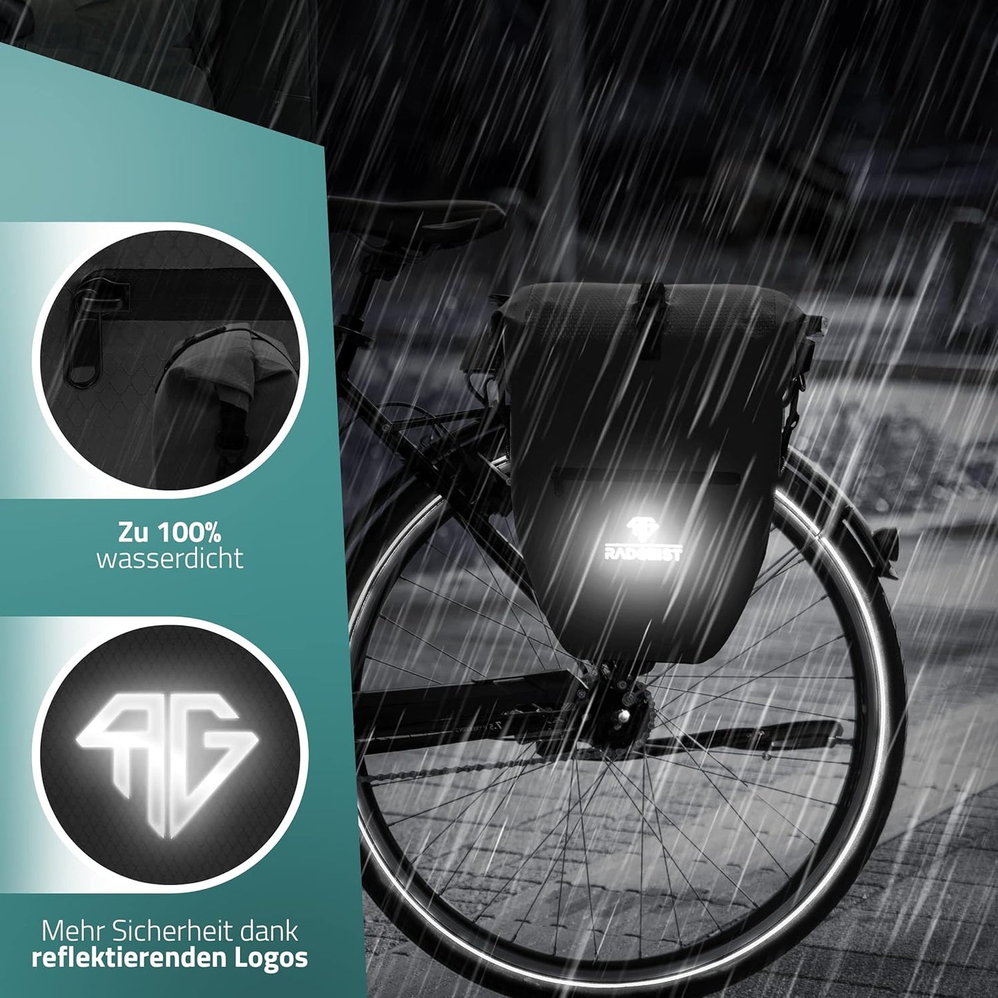 RADGEIST Fahrradtasche für Fahrradträger Set - 2X Tasche für Fahrradträger - Gepäcktasche wasserdicht & Umhängetasche - Fahrradtasche mit Reflektoren