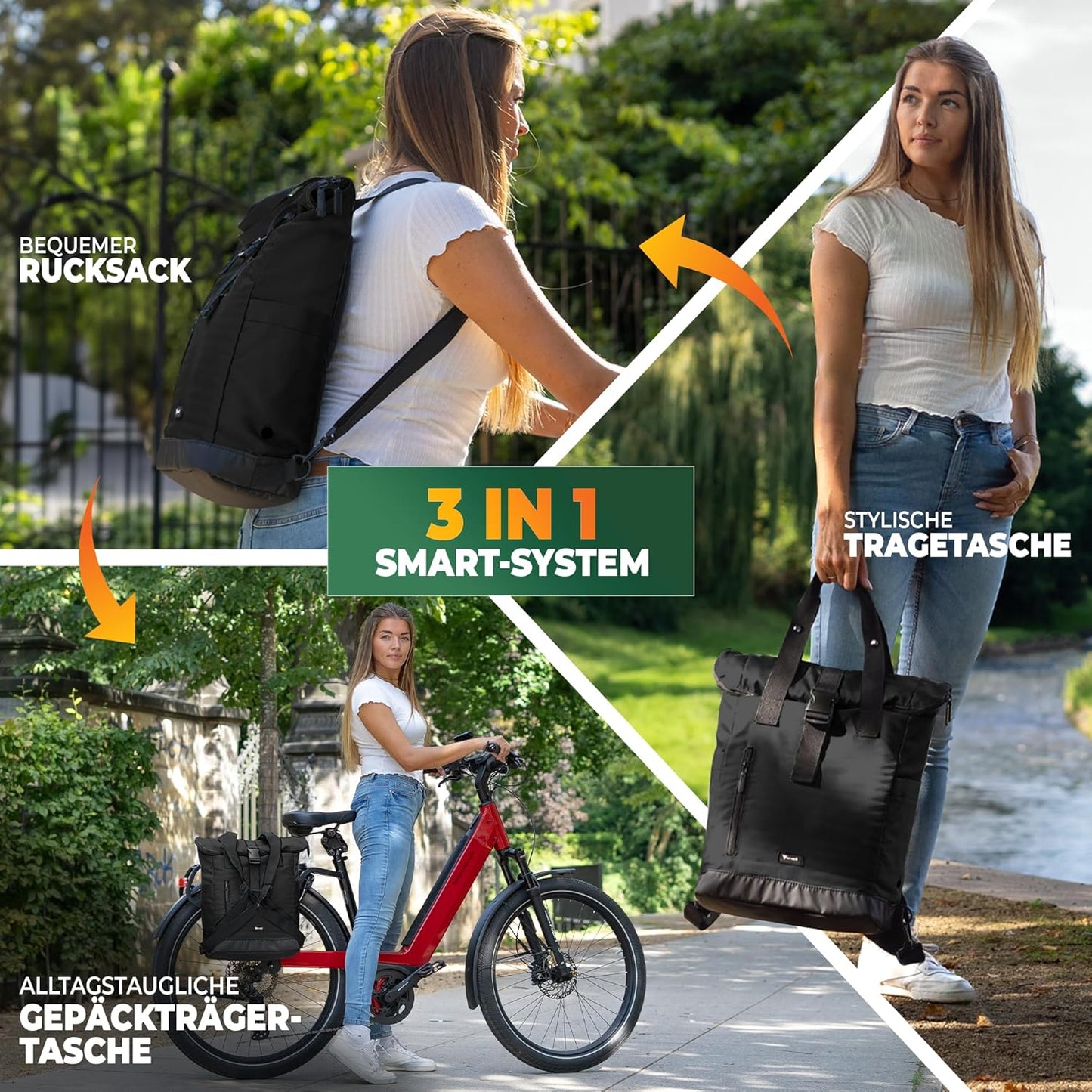 MIVELO MAYA Fahrradrucksack - Mit faltbarem Rucksack - 50 x 28 x 14 cm - Schwarz