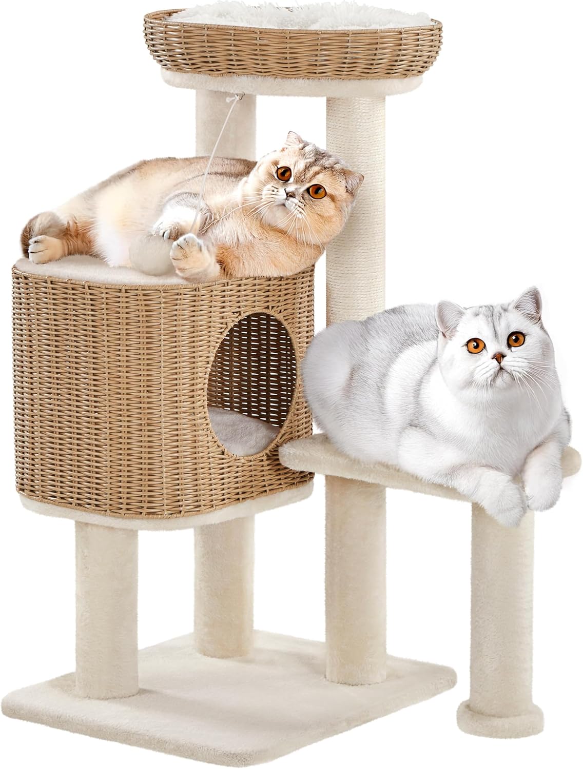 Yaheetech Katzenpfosten mit Rattan-Katzenhaus - 49 x 41 x 91 cm - ausgestattet mit Luxus-Katzenkorb und Sisal-Kratzern und weichen herausnehmbaren Matten - für Kätzchen und erwachsene Katzen - Beige Rattan und Plüsch