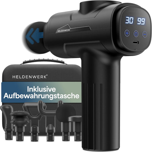 HELDENWERK Aktiv-Massagepistole - Schwarz - 30 Geschwindigkeiten - 6 Massageköpfe - Flüsterleise - USB-C wiederaufladbar - LCD-Touchscreen - Inklusive Aufbewahrungsbox - Schwarz