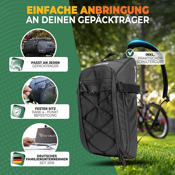 MIVELO Fahrradtasche - Wasserdicht & reflektierend - 9 Liter - Schwarz