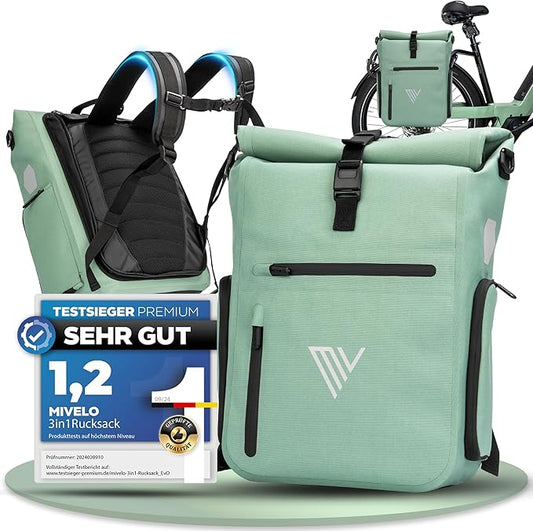 MIVELO - Gepäckträgertasche - 3-in-1 Rucksack & Umhängetasche - Wasserdichtes TPU - 25 Liter - Mint