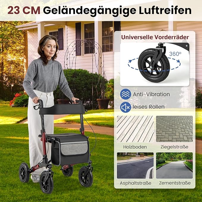 Coast Faltbarer Rollator Rot - Leichter 2-in-1-Reiserollator mit Sitz und Luftbereifung - 62 x 82 x 81,5-97 cm
