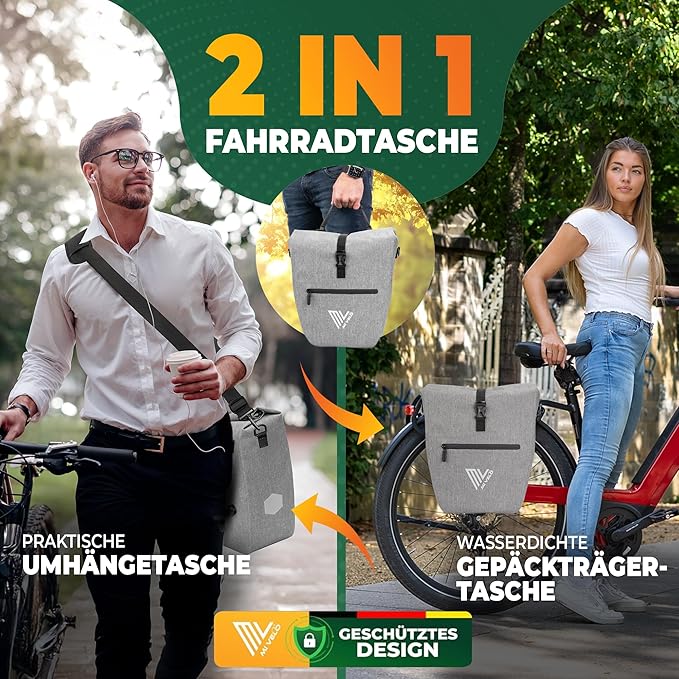 MIVELO Fahrradtasche – 2in1 Gepäckträgertasche & Schultertasche – 20 Liter – Grau