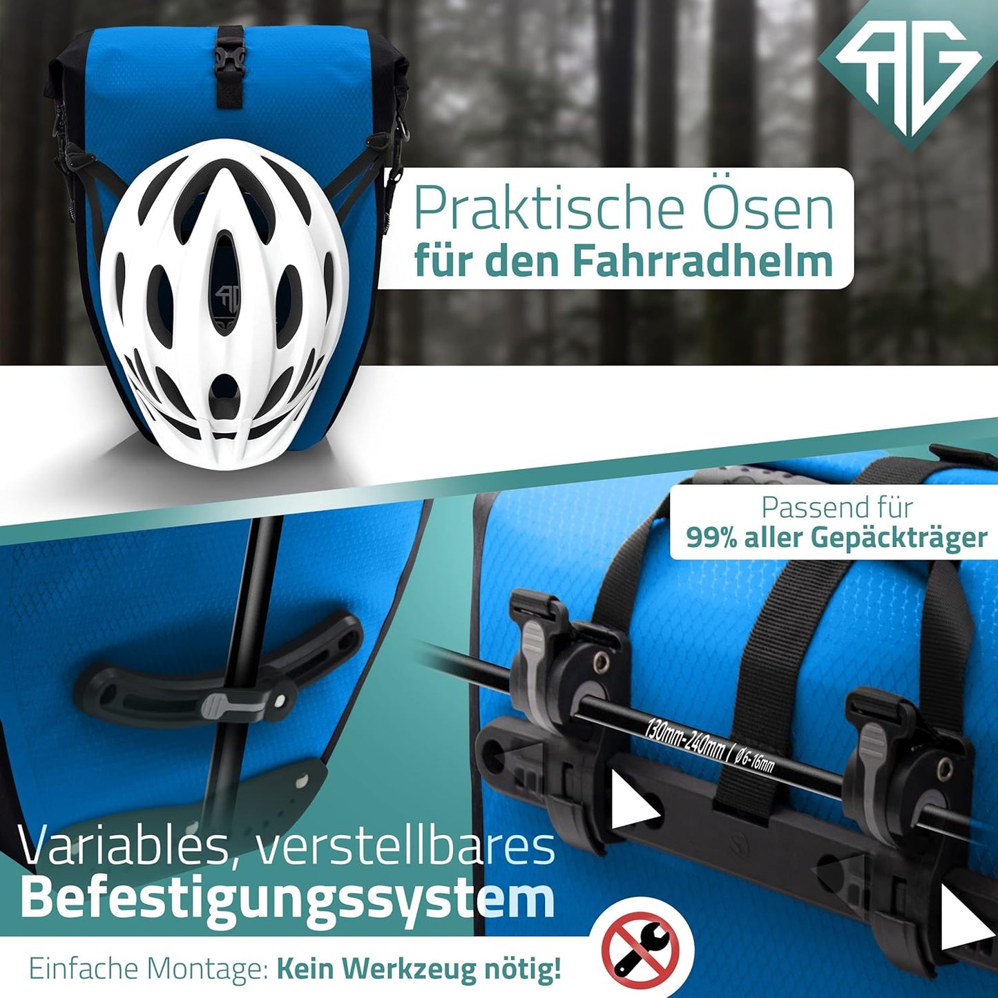 RADGEIST Fahrradtasche - Für Fahrradträger - Wasserdicht - Mit Reflektoren - 28 Liter - Blau