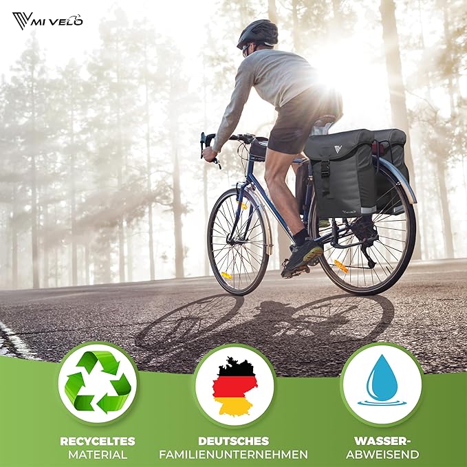 MIVELO - Doppelte Fahrradtasche - 36L Kapazität - Schwarz & RPET - Regenschutz - MIK & Racktime kompatibel - Aus recyceltem Material