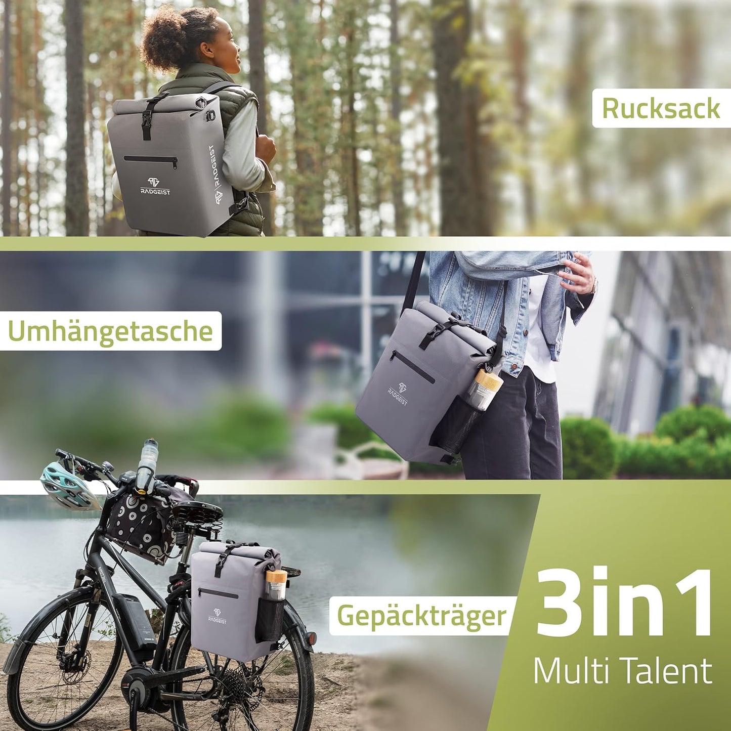 RADGEIST 3 in 1 Gepäckträgertasche - Fahrradrucksack - Mit Laptopfach - Wasserdicht - 25L - Grau