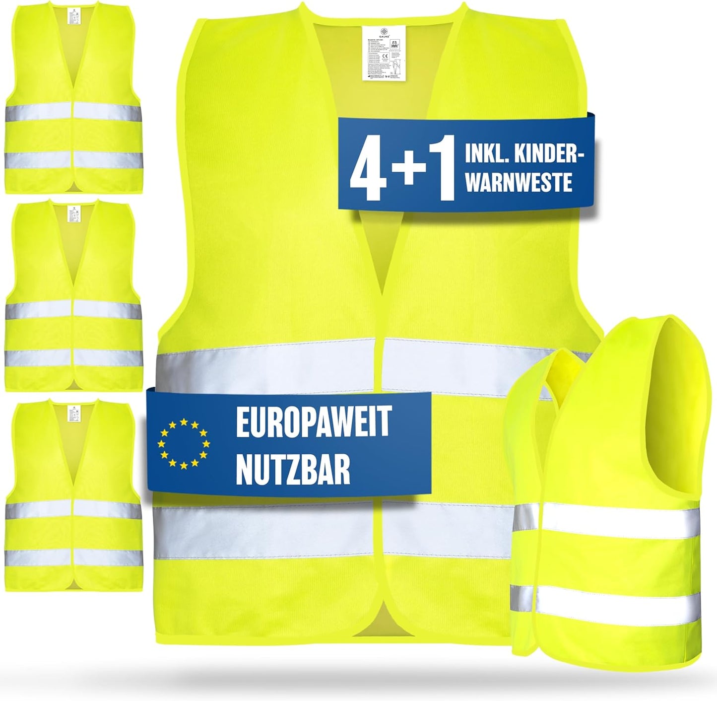 Heroic Sicherheitswesten Auto - 5+1 Set - Inklusive Kinderweste - Europäisch zugelassen - Reflektierend - Gelb