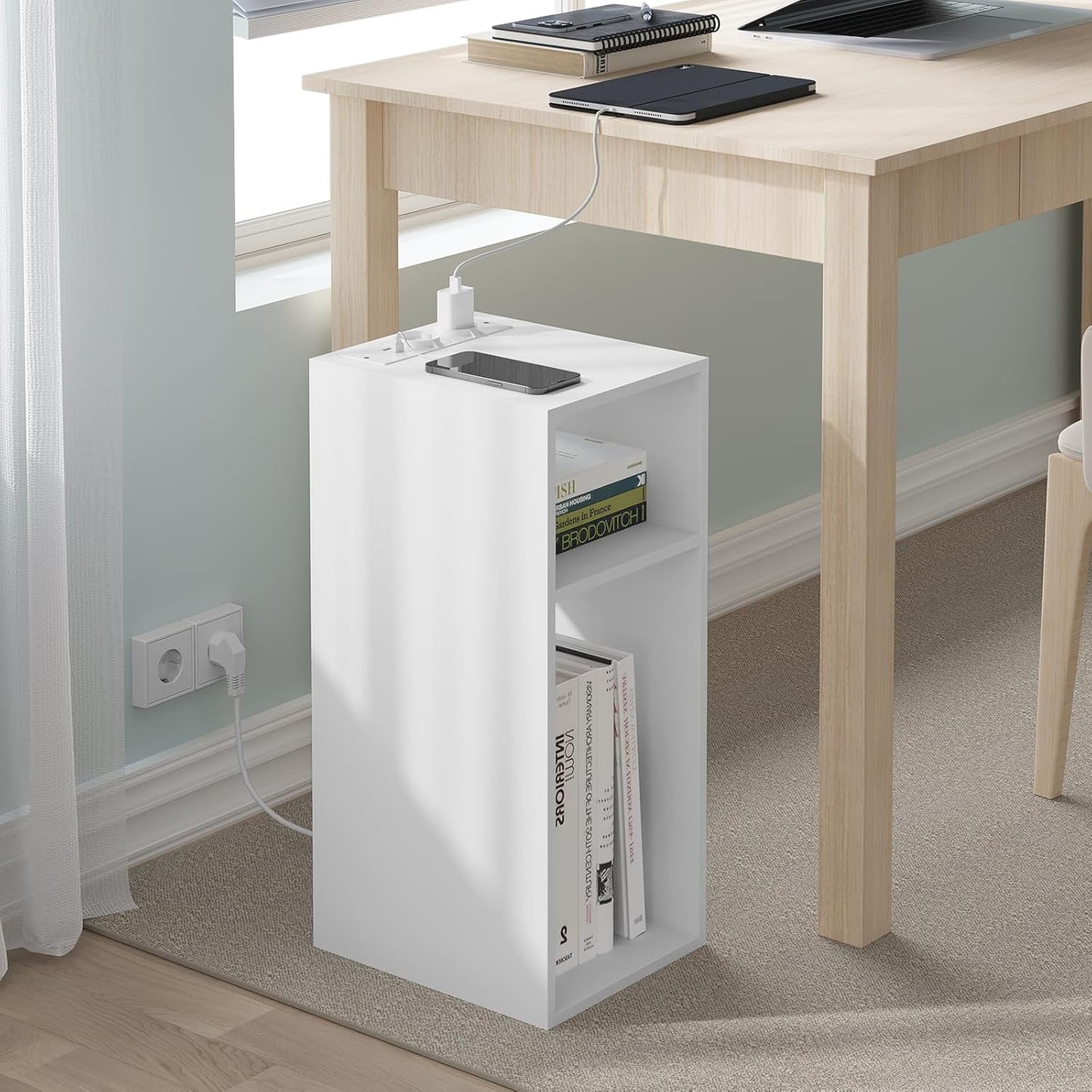 Woltu 2x Nachttisch mit USB und Steckdose - Weiß - 25 x 30 x 60 cm - Kompaktes und modernes Design