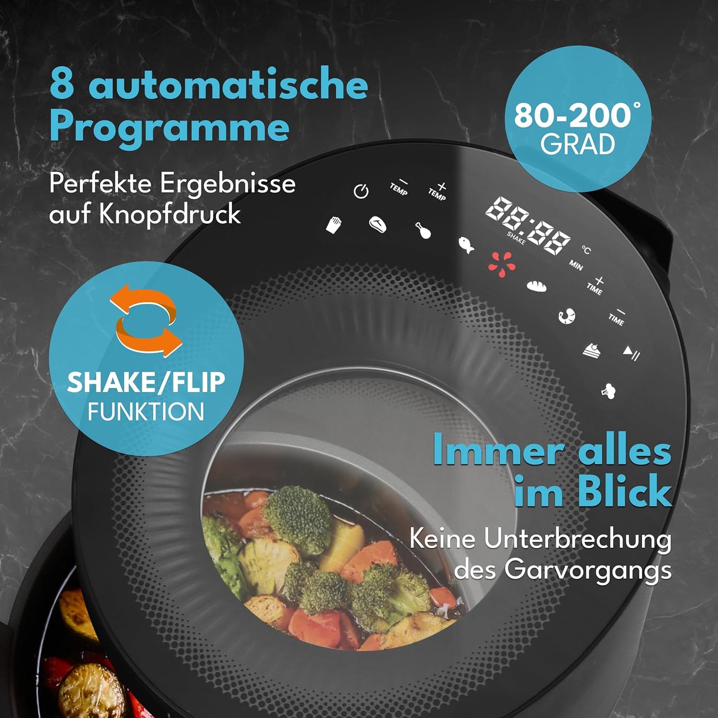 LEBENLANG Airfryer 5L & 1500W - 8 Programme - Inklusive Rezeptbuch - 45 x 30 x 27 cm - Schwarz
