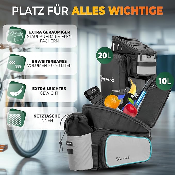 MIVELO Fahrradtasche - wasserdicht & voll reflektierend - 20 Liter - Silber Grau