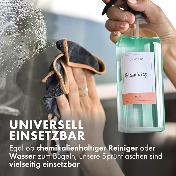 3 x Sprühflasche 500 ml mit Etiketten – gleichmäßiger und feiner Sprühstrahl, dichte und langlebige Sprühflasche für Pflanzen, kleine Sprühflasche für die Autopflege, Sprühflasche, 3er-Set Sprühflaschen