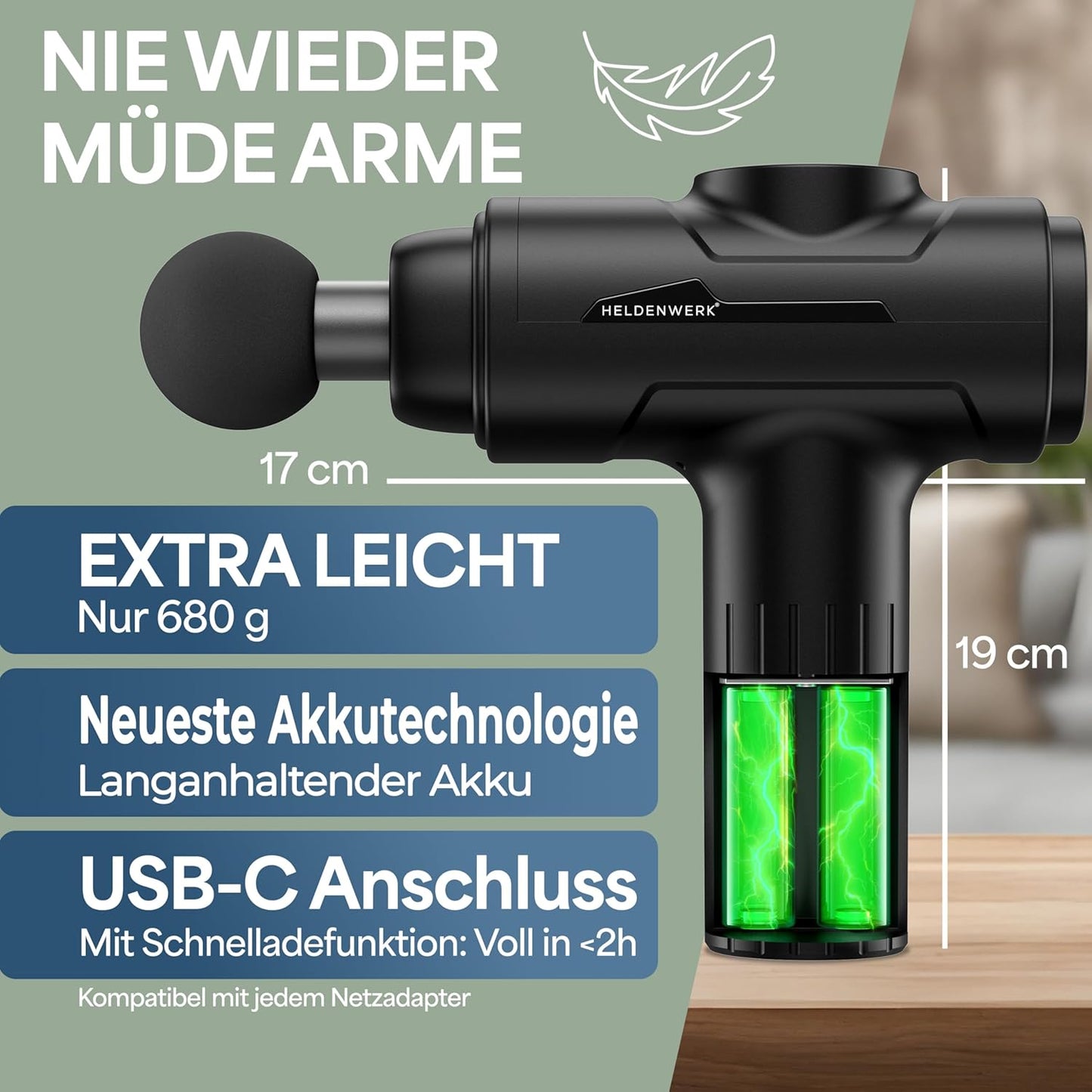 HELDENWERK Aktiv-Massagepistole - Schwarz - 30 Geschwindigkeiten - 6 Massageköpfe - Flüsterleise - USB-C wiederaufladbar - LCD-Touchscreen - Inklusive Aufbewahrungsbox - Schwarz