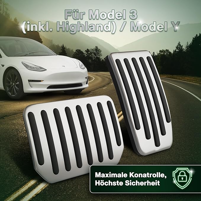 Loonara PedalPower Sport Pedale Tesla Model 3/Y Schwarz/Silber - Aluminium - Anti-Rutsch Gummi - Performance Design