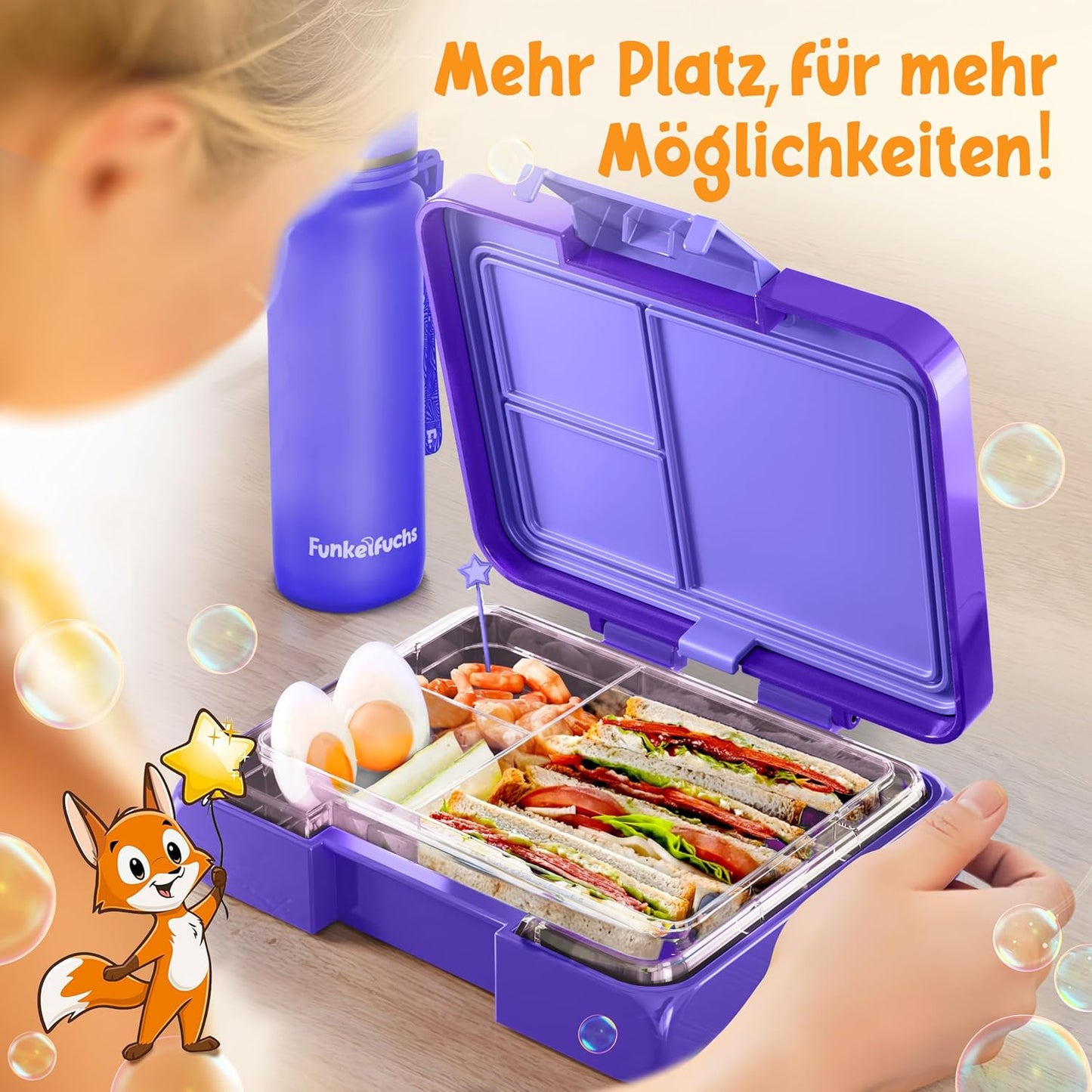 Funkelfuchs Lunchbox Kinder – 500 ml – Bento Box mit Fächern – Spülmaschinenfest – Lila