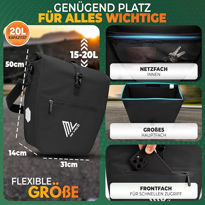 MIVELO Packtasche - Wasserdicht & Inkl. Laptopfach & Schultergurt - 20 Liter - Schwarz