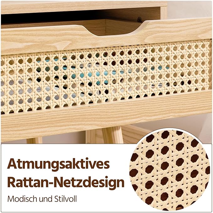 Yaheetech Nachttisch mit Rattan-Schublade – Hellbraun – 48,5 x 41 x 57,5 cm – Holzbeine