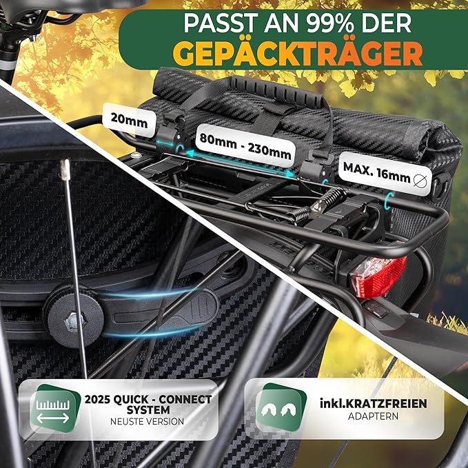 MIVELO Fahrradtasche – 2in1 Gepäckträgertasche & Schultertasche – 20 Liter – Wasserdicht – Carbon