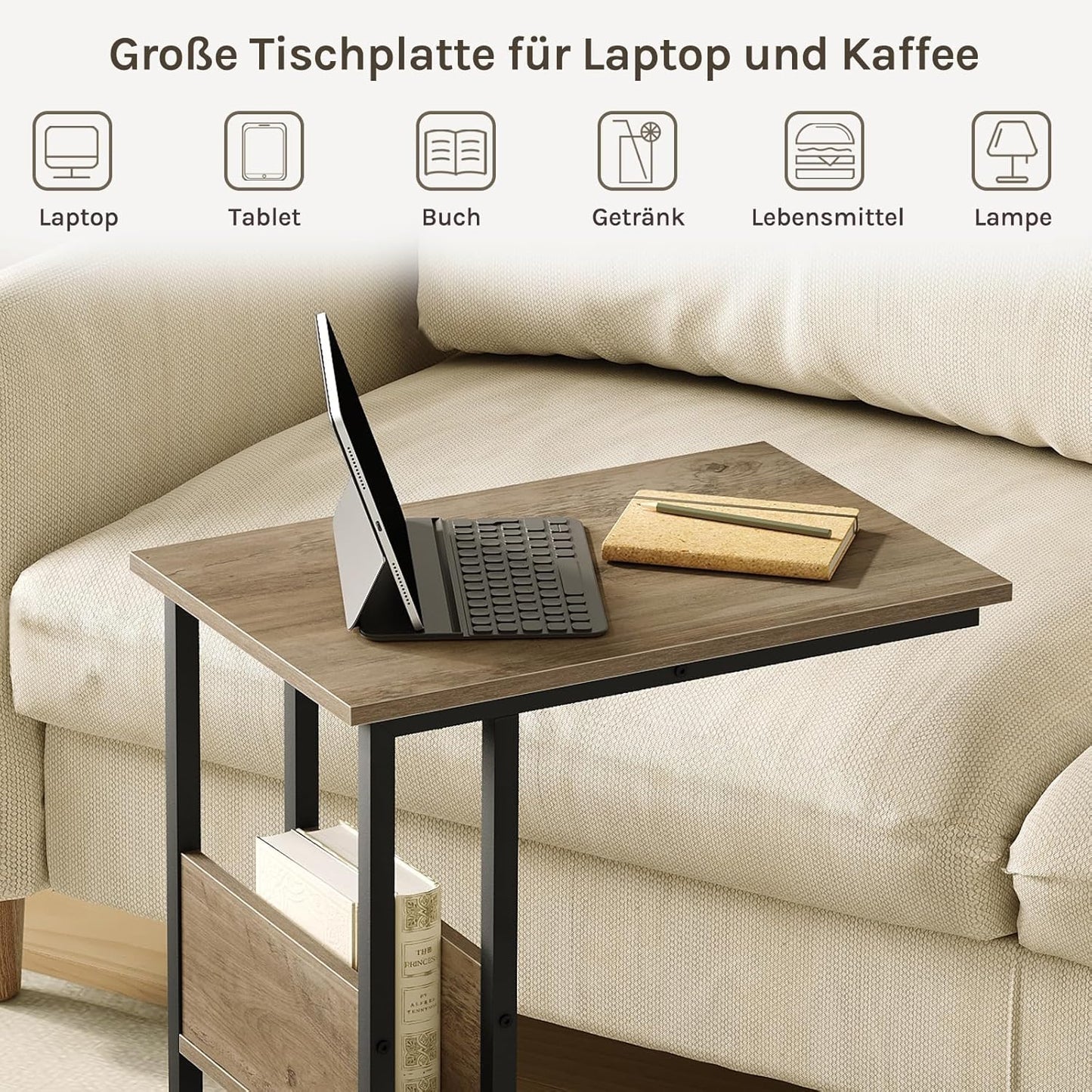 Woltu C-förmiger Beistelltisch mit Ablagegestell – graue Holzoptik – Metall – 55 x 36 x 59,5 cm