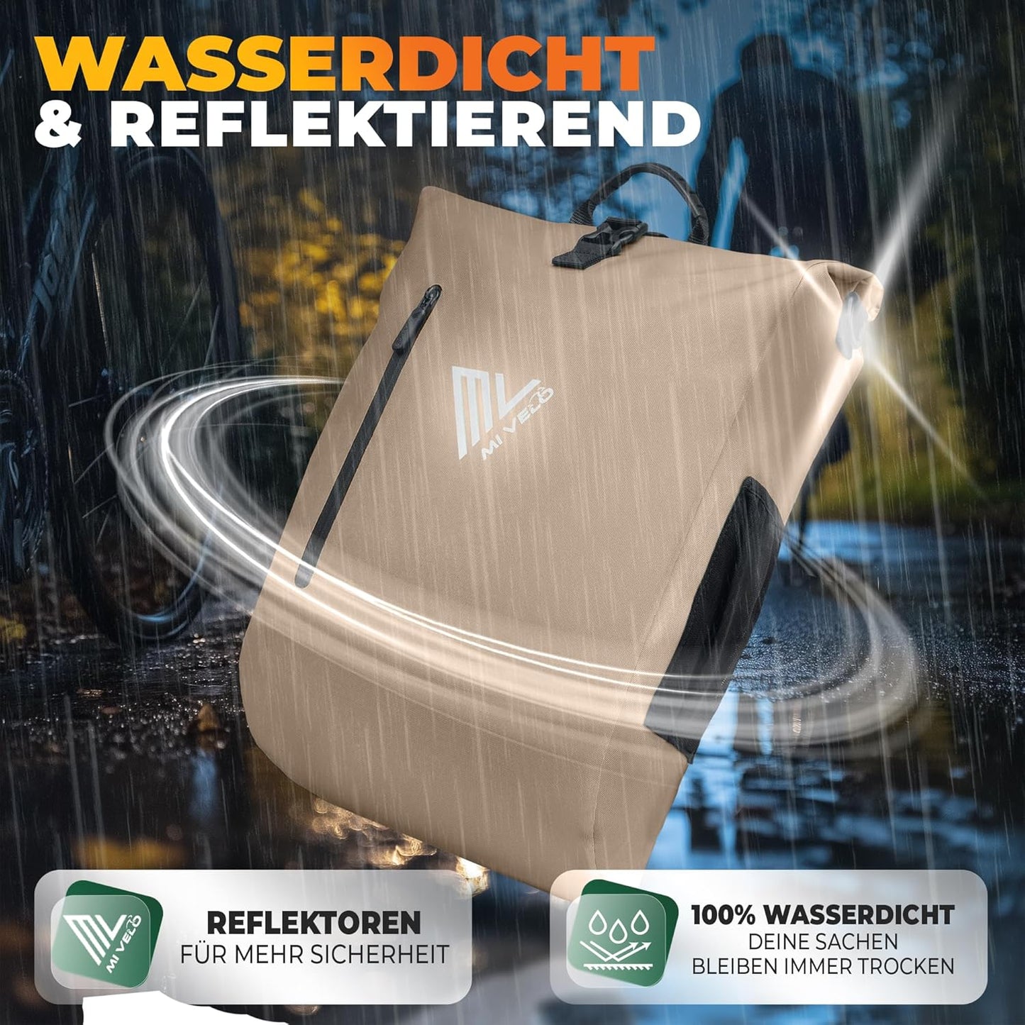 MIVELO 3-in-1 wasserdichte Fahrradtasche mit Laptopfach und Schloss - PVC-frei - Sand Beige - 20 L