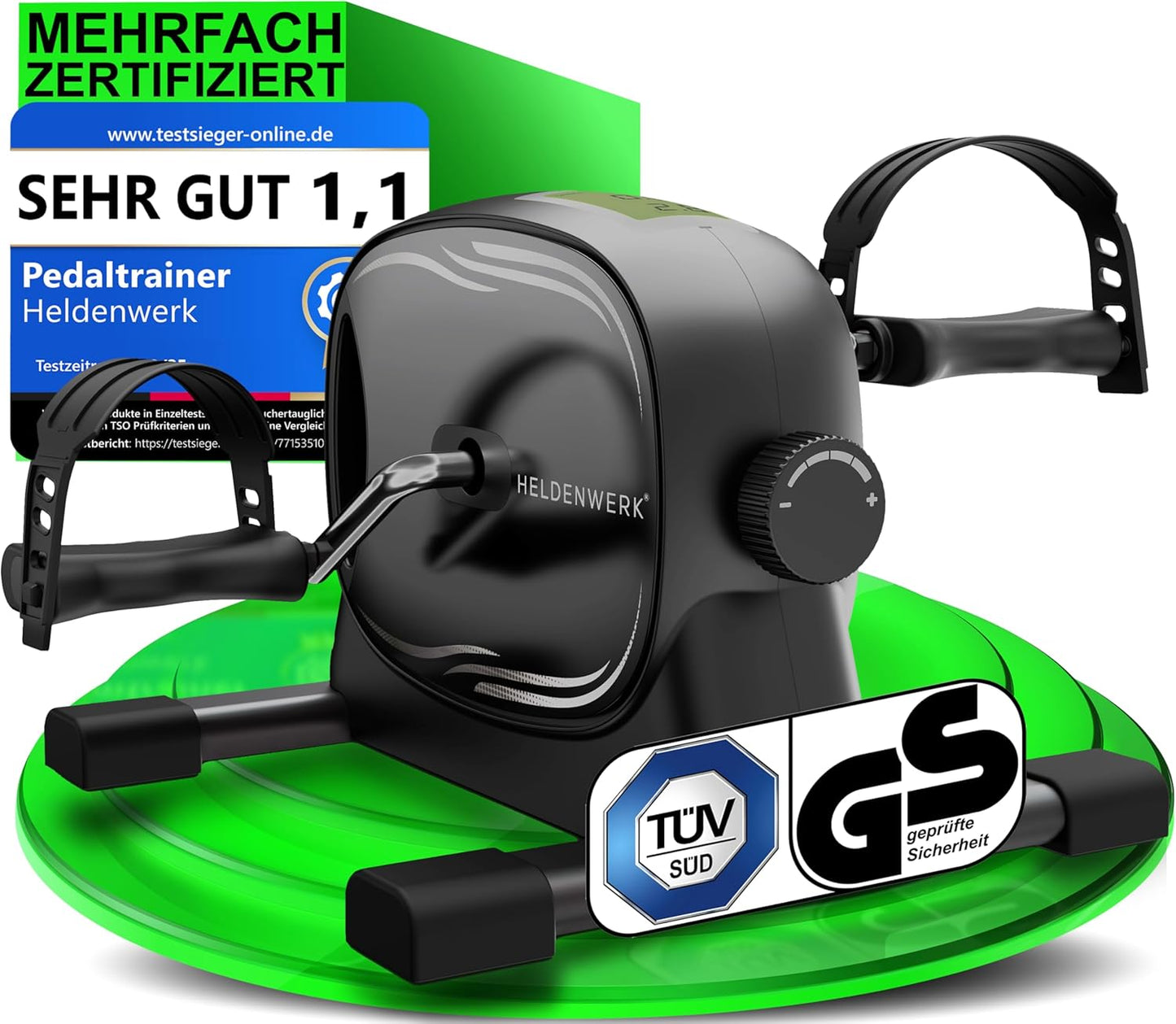 HELDENWERK Pedal-Trainer-Set - 40x35x30 cm - Schwarzer Stahl & Kunststoff - Inklusive Befestigungsgurt & Anti-Rutsch-Matte - Arm- und Beintrainer - Für Senioren