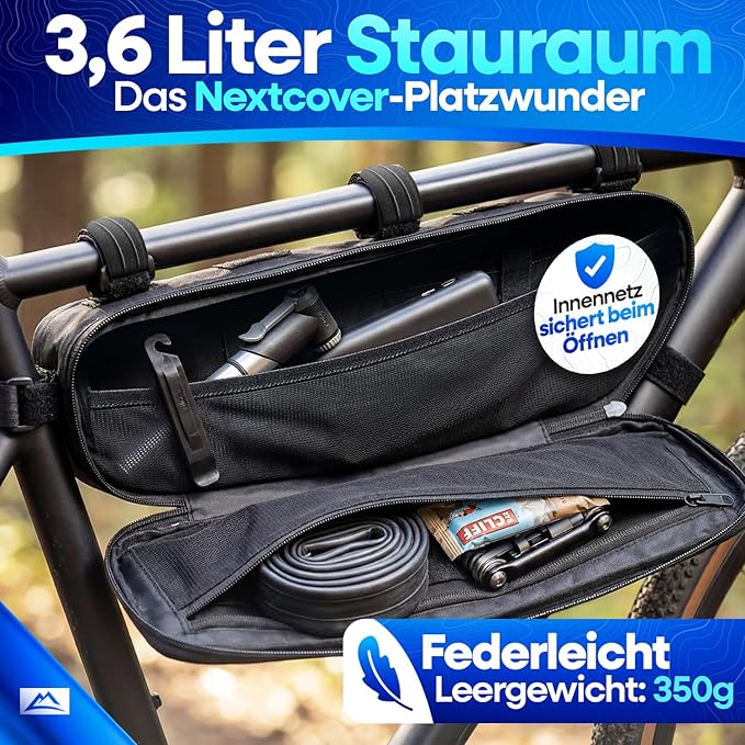 Nextcover Fahrradtasche – Rahmentasche – 46 cm – Wasserdicht – 3,6 l – TPU – Schwarz