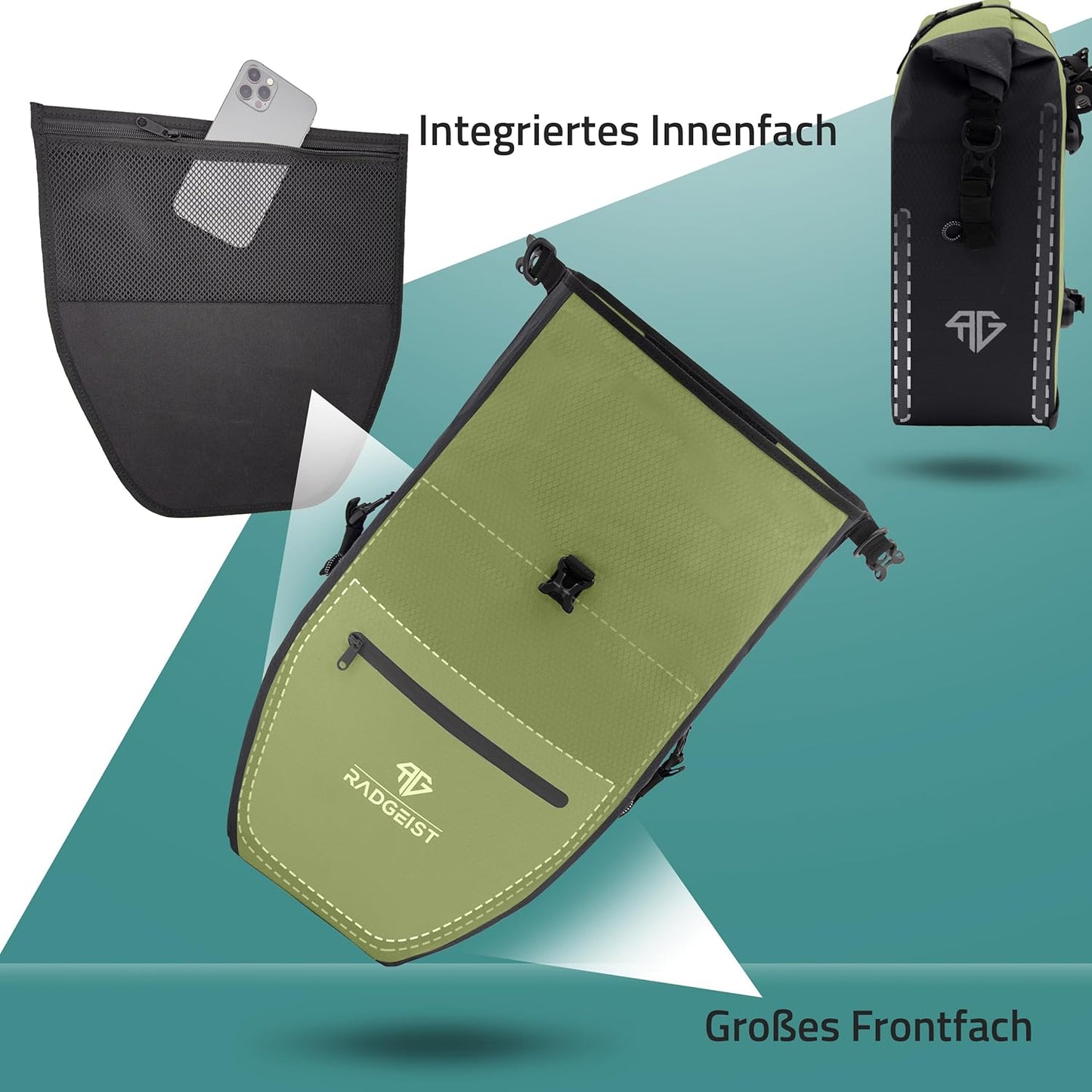 RADGEIST Gepäckträgertasche für Fahrradträger Set - 2X Tasche für Fahrradträger - Gepäcktasche wasserdicht & Umhängetasche - Gepäckträgertasche mit Reflektoren