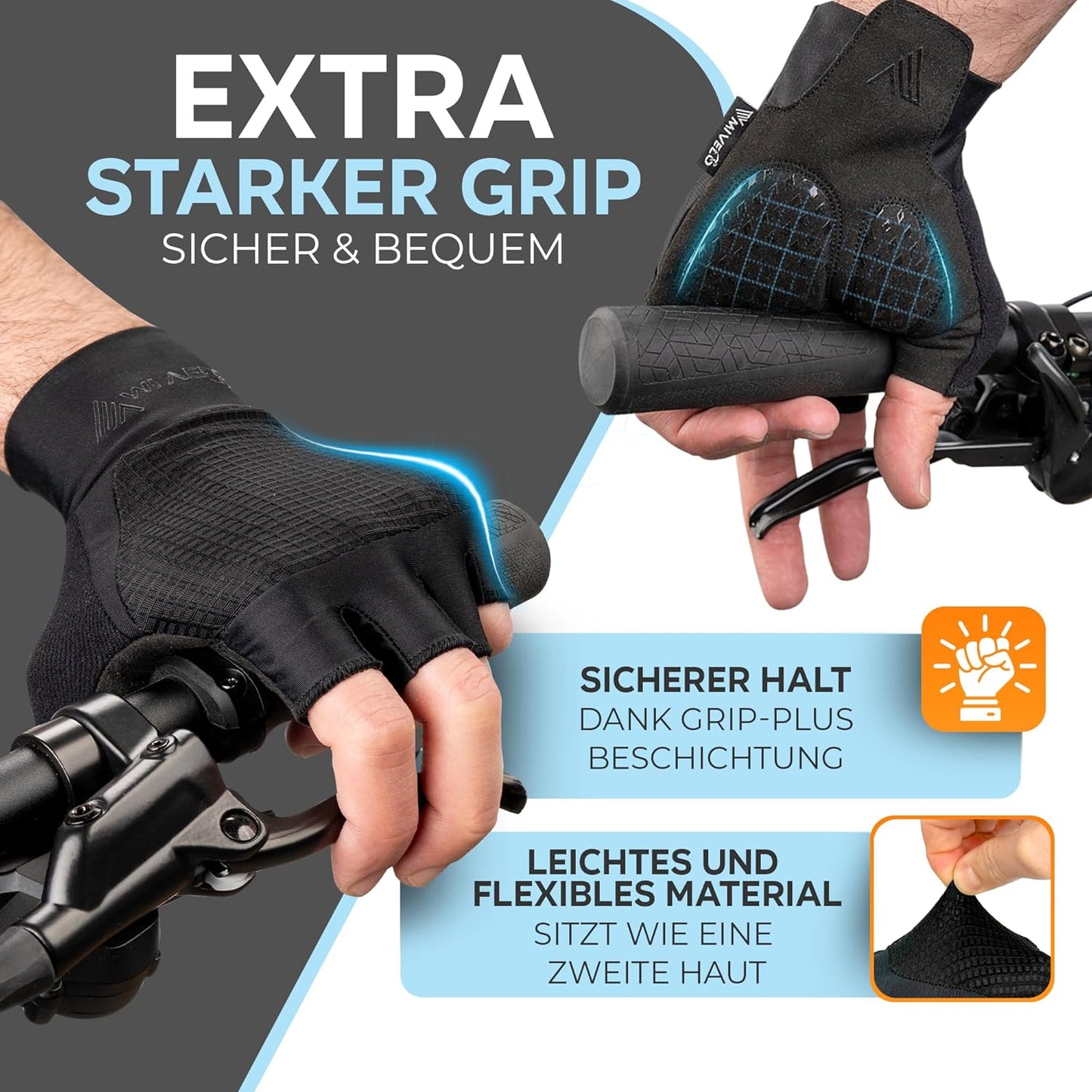 MIVELO Gepolsterte Radhandschuhe - Sommermodell - Atmungsaktiv und fingerlos - Starker Grip - Schwarz - Größe M
