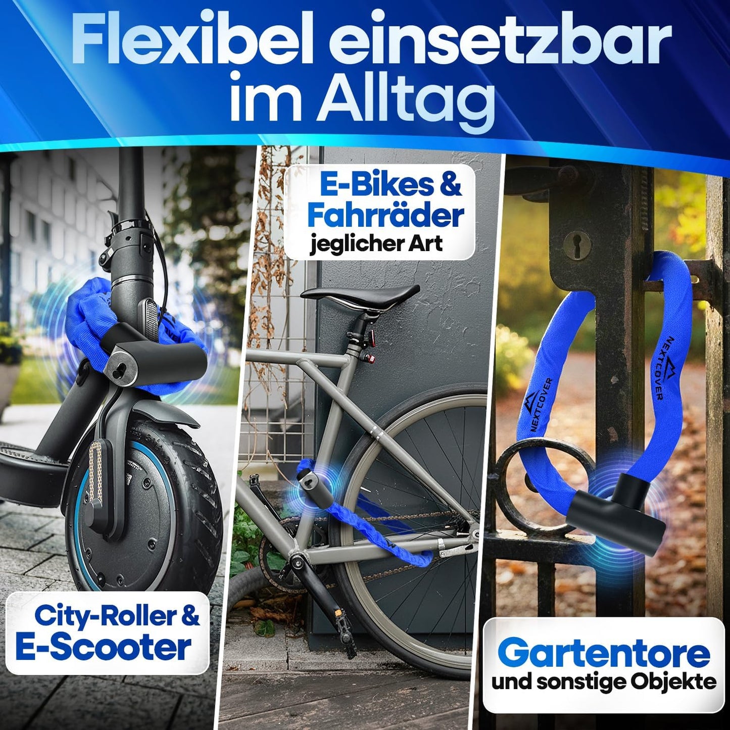 NEXTCOVER® Fahrradschloss LockOne mit Schlüssel - hohe Sicherheit - robust & langlebig - 3 Schlüssel - Blau