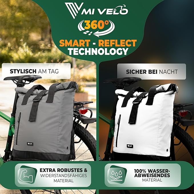 MIVELO - Gepäckträgertasche für Gepäckträger - 22 l Fassungsvermögen - Polyester - Reflektierend & Schwarz - Mit Laptop-Tasche & Schultergurt - Für E-Bike & City Bike