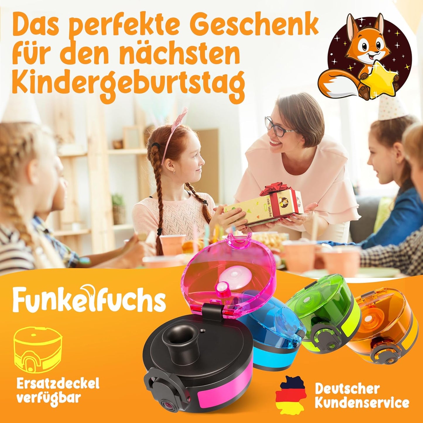 Funkelfuchs® Kindertrinkflasche - 500ml, rosa - mit Kohlensäure - 100% auslaufsicher - Wasserflasche spülmaschinenfest - für Kindergarten, Einschulung, Schule, Sport