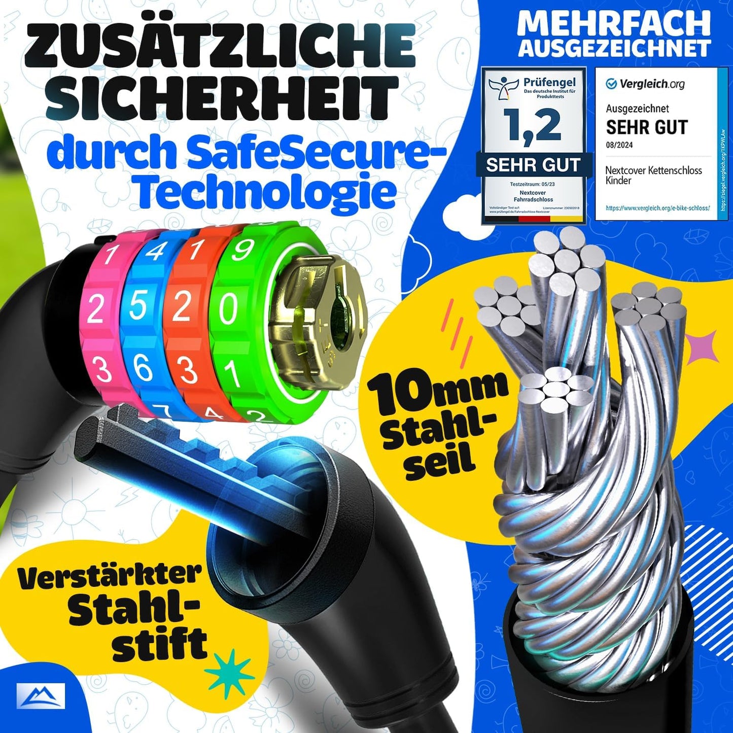 NEXTCOVER® Kinderfahrradschloss - 4-stelliger Zahlencode - Zahlenschloss Fahrrad mit bunten Zahlen - Scooterschloss Extra robust & sicher - Schwarz