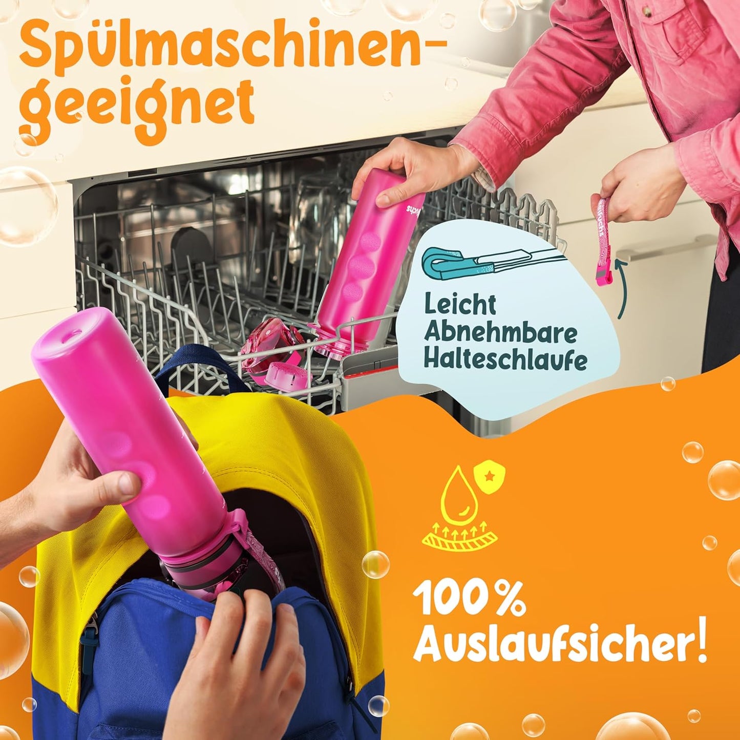 Funkelfuchs® Kindertrinkflasche - 500ml, rosa - mit Kohlensäure - 100% auslaufsicher - Wasserflasche spülmaschinenfest - für Kindergarten, Einschulung, Schule, Sport
