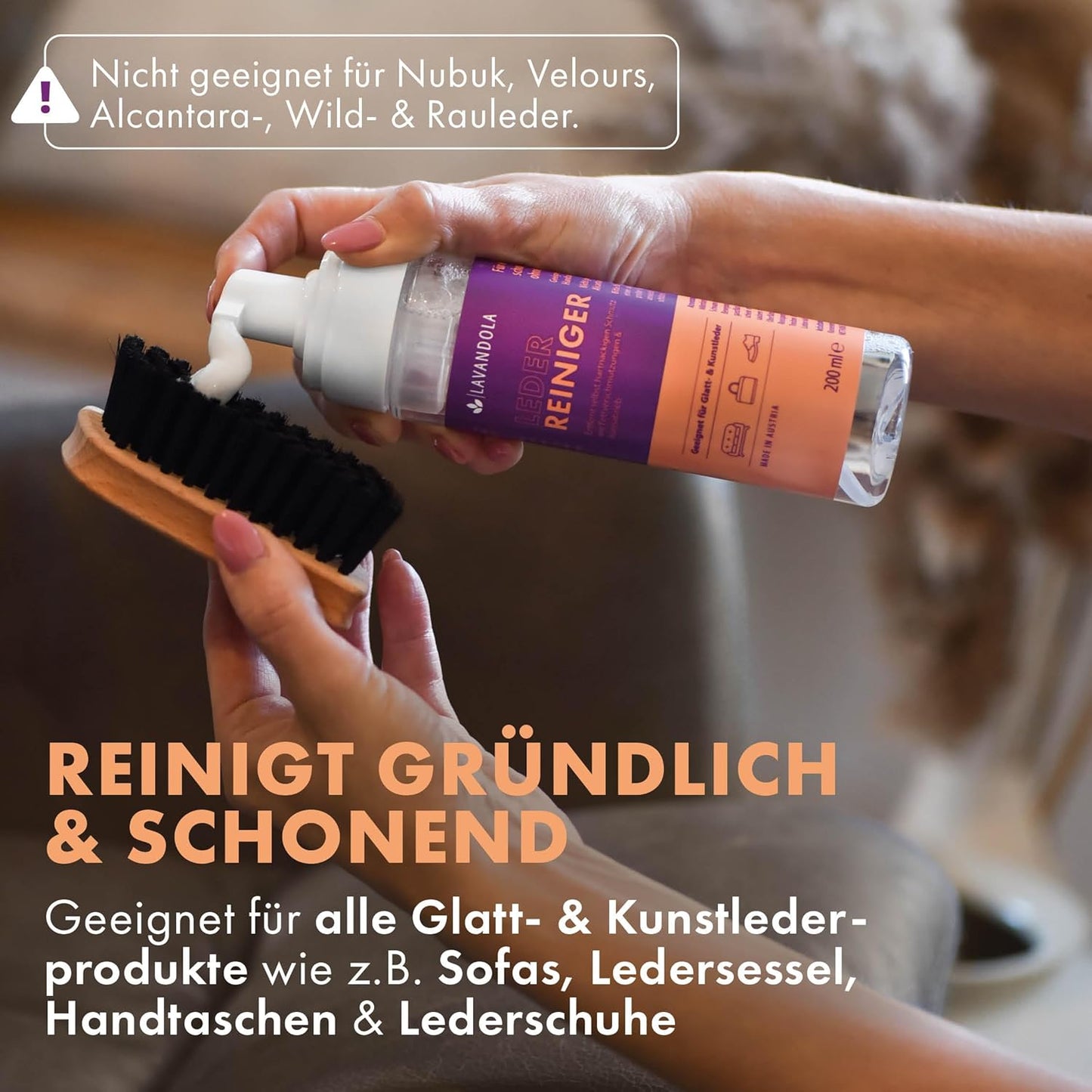 Lavandola Lederreiniger 200 ml – sanfter und wirksamer Reinigungsschaum – für Glatt- und Kunstleder – gegen hartnäckigen Schmutz – geeignet für Sofas und Ledersessel