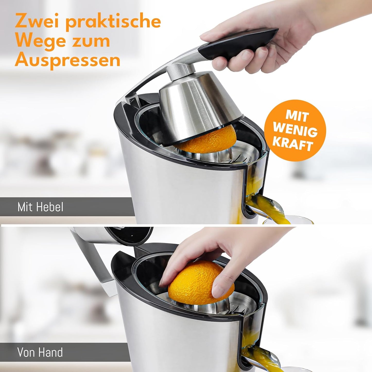 LEBENLANG Elektrische Zitruspresse - Bis zu 400ml - 600W - 20 x 20 x 31 cm - Silber