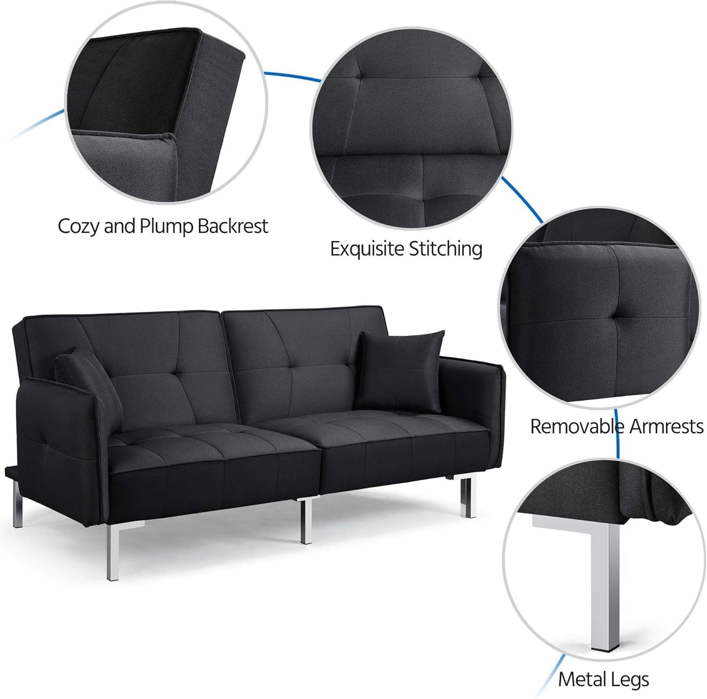 Yaheetech Schlafsofa Schwarz - 3-in-1 Klappsofa mit verstellbarer Rückenlehne - Liegefläche 199 x 110 cm