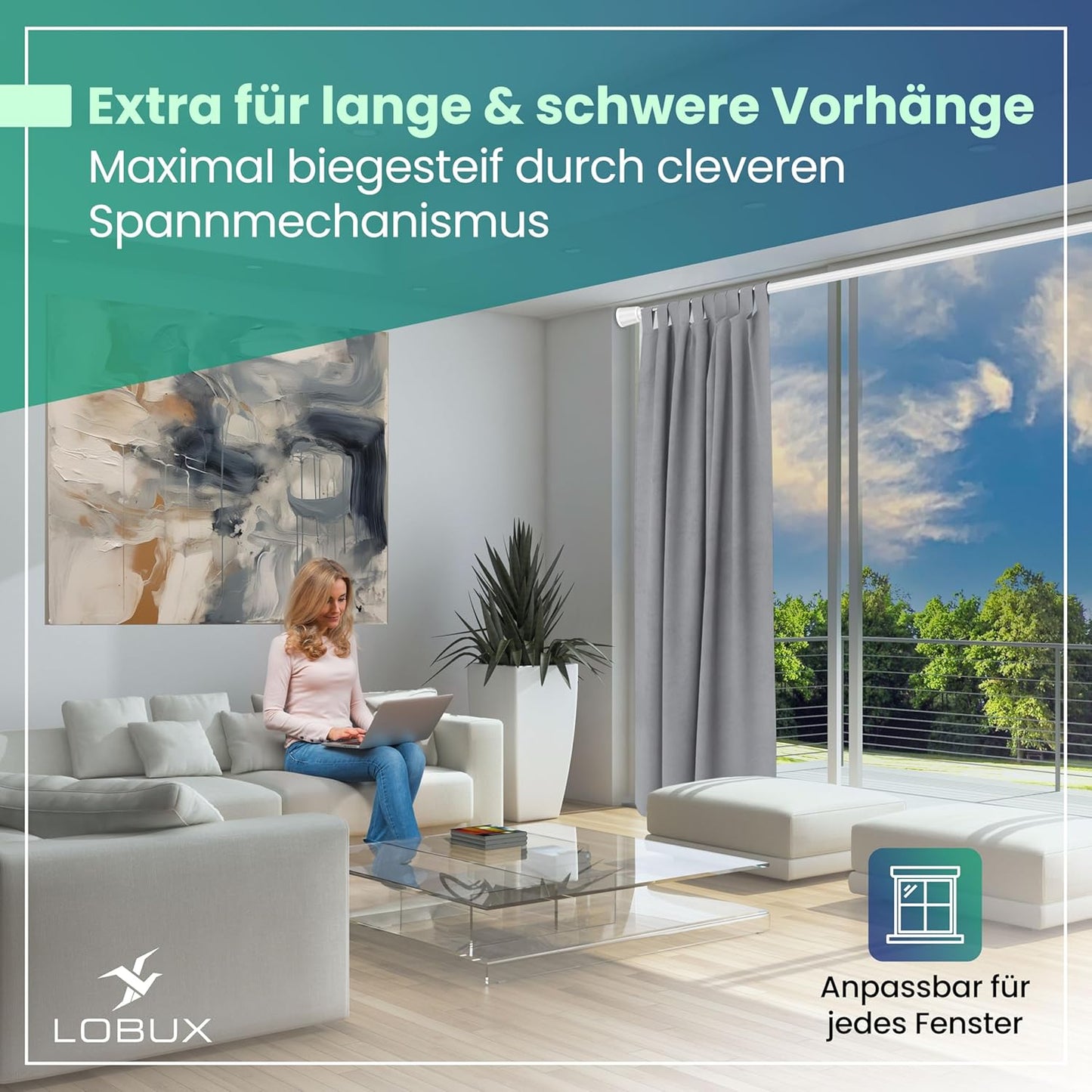 LOBUX® - Gardinenstange ohne Bohren [weiß, 110-250cm] - Teleskopstange Gardinenverlängerung - Duschstange ohne Bohren - Gardinenstange, Duschvorhangstange, Kleiderstange, Klemmstange Katzennetz