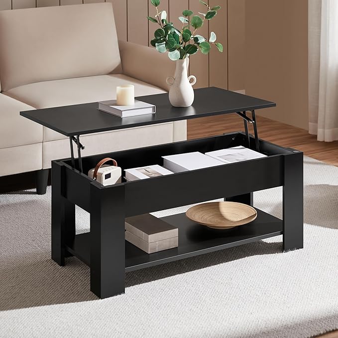 Yaheetech Couchtisch mit Lift-Top – Schwarz – Höhenverstellbar mit verstecktem Stauraum