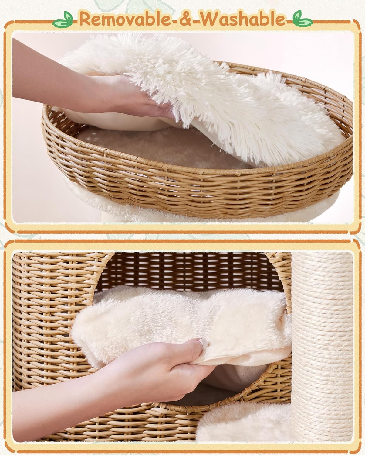 Yaheetech Katzenpfosten mit Rattan-Katzenhaus - 49 x 41 x 91 cm - ausgestattet mit Luxus-Katzenkorb und Sisal-Kratzern und weichen herausnehmbaren Matten - für Kätzchen und erwachsene Katzen - Beige Rattan und Plüsch