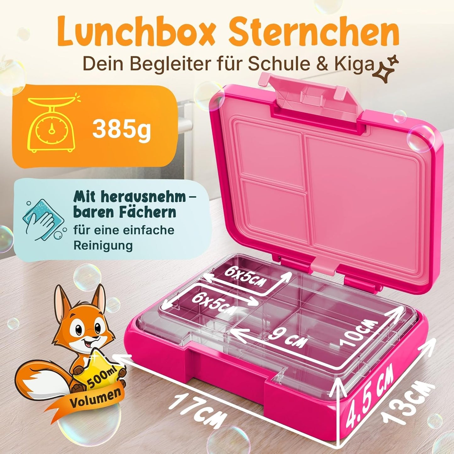 Funkelfuchs® - Lunchbox für Kinder mit Fächern - 500ml, pink - Lunchbox Stern, klein - Brotzeitbox, Snackbox, Lunchbox, Brotzeitbox, Brotdose, Bento-Box für Kinder - für Schule, Kindergarten und Hort
