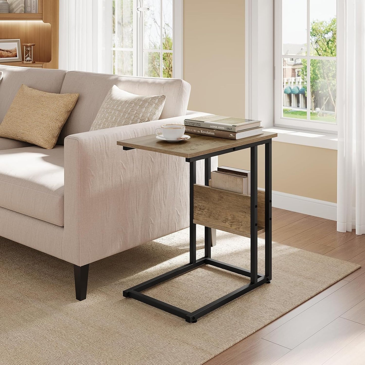 Woltu C-förmiger Beistelltisch mit Ablagegestell – graue Holzoptik – Metall – 55 x 36 x 59,5 cm