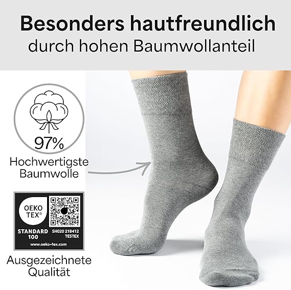 HELDENWERK Diabetikersocken für Damen und Herren, 10 Paar, Diabetikersocken ohne Gummizug und Naht aus 97% Baumwolle, extra breite Gesundheitssocken mit Komfortbund - Größe 39-42 - Grau