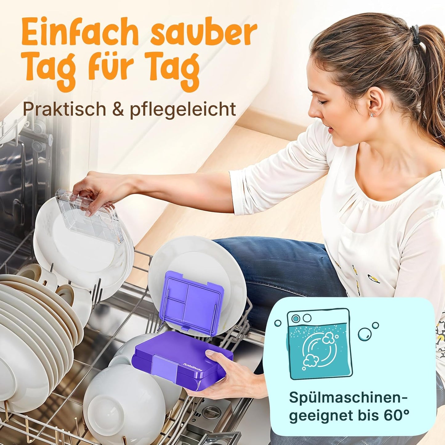 Funkelfuchs Lunchbox Kinder – 500 ml – Bento Box mit Fächern – Spülmaschinenfest – Lila