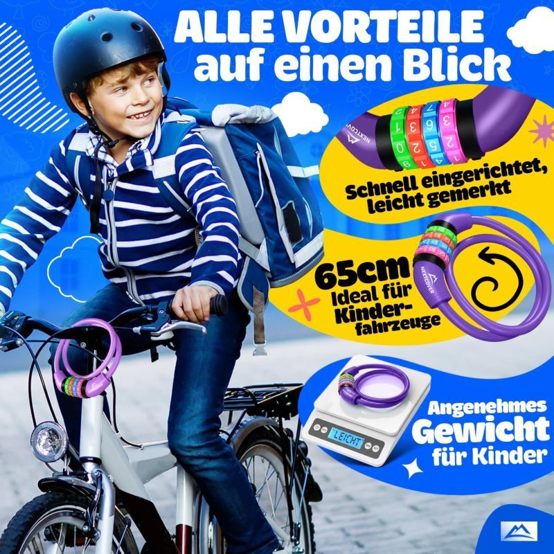 NEXTCOVER® Kinderfahrradschloss mit 4-stelligem Zahlencode - Kinderfahrradschloss - Ideal für Roller, Fahrräder & mehr - Kombinationsschloss Fahrrad mit bunten Zahlen - Rollerschloss Extra robust & sicher