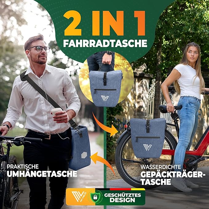 MIVELO Fahrradtasche – 2in1 Gepäckträgertasche & Schultertasche – 20 Liter – Jeansblau